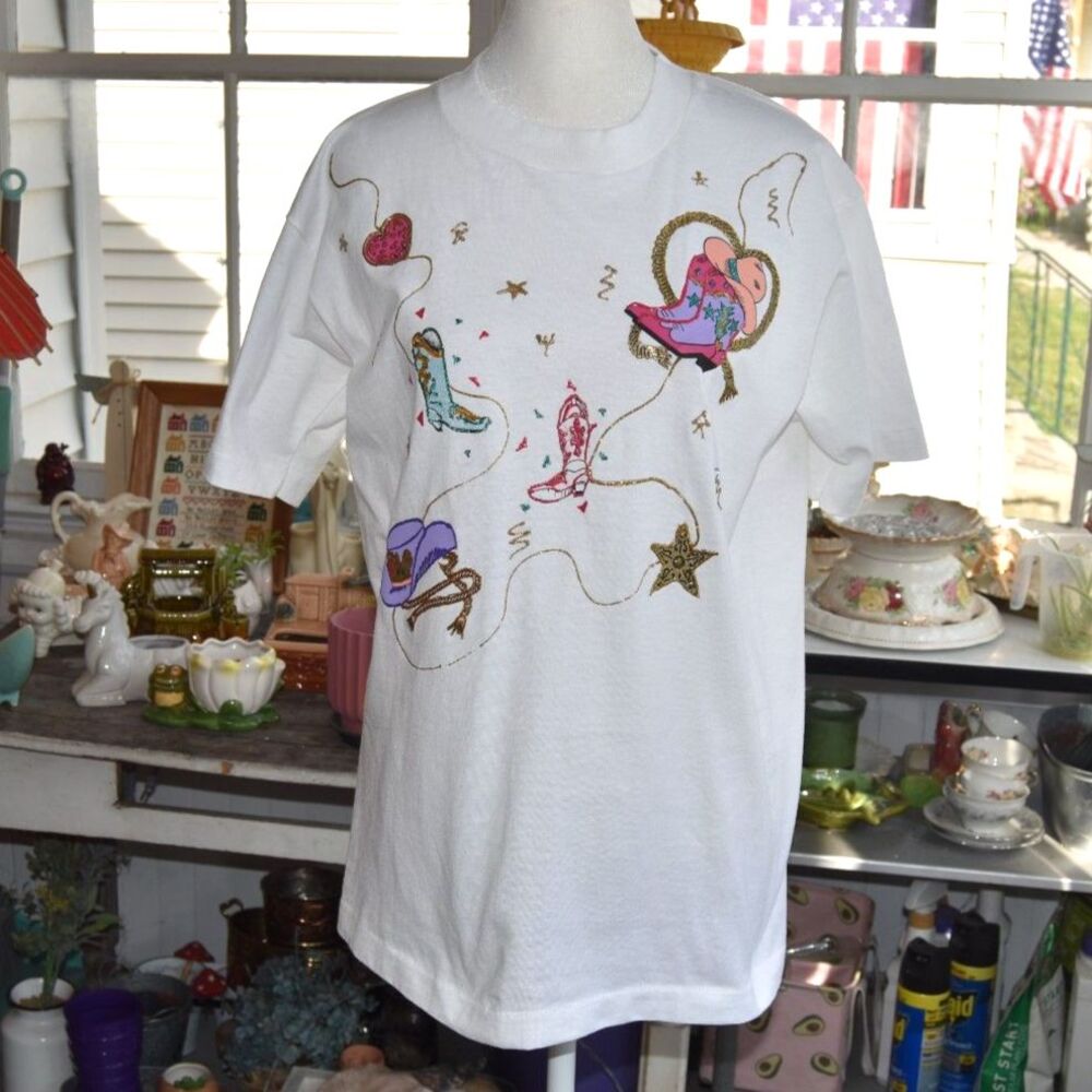 Vintage 90s Western Cowboy Boots Glitter Graphic T Shirt USA Made M L